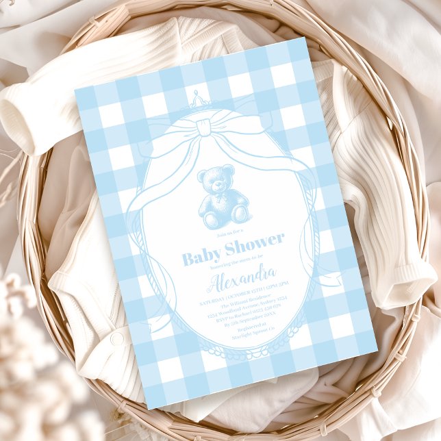 Invitation Elégant Baby shower d'ours en peluche En vichy fra (Créateur téléchargé)