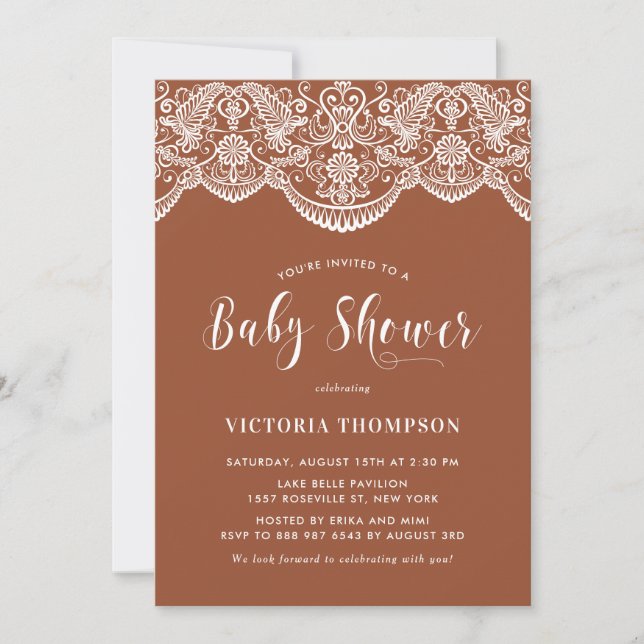 Invitation Élégant Baby shower en terre cuite Brocade Lace Fl (Devant)
