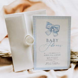 Invitation Elégant Baby shower En vichy Bleu Coquette Bow