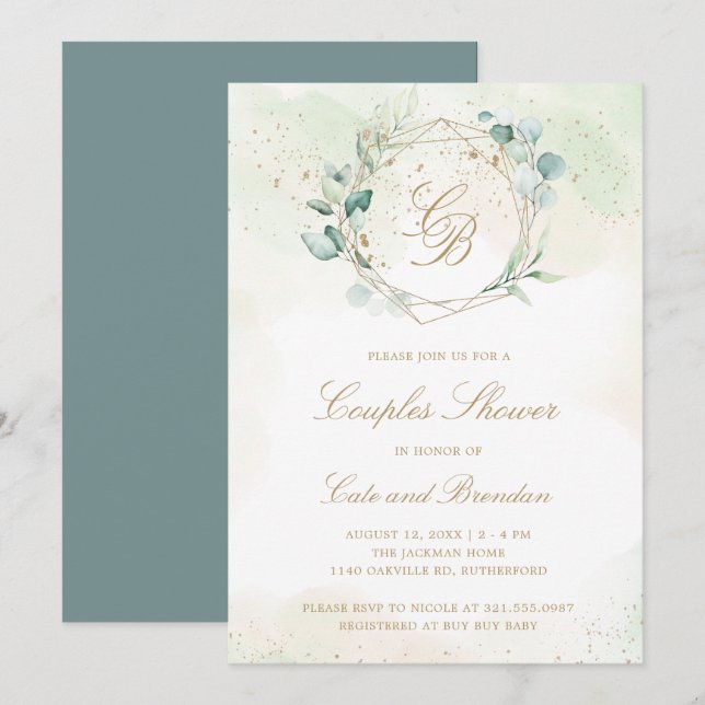 Invitation Elégant Baby shower Eucalyptus Verdure Couples (Devant / Derrière)