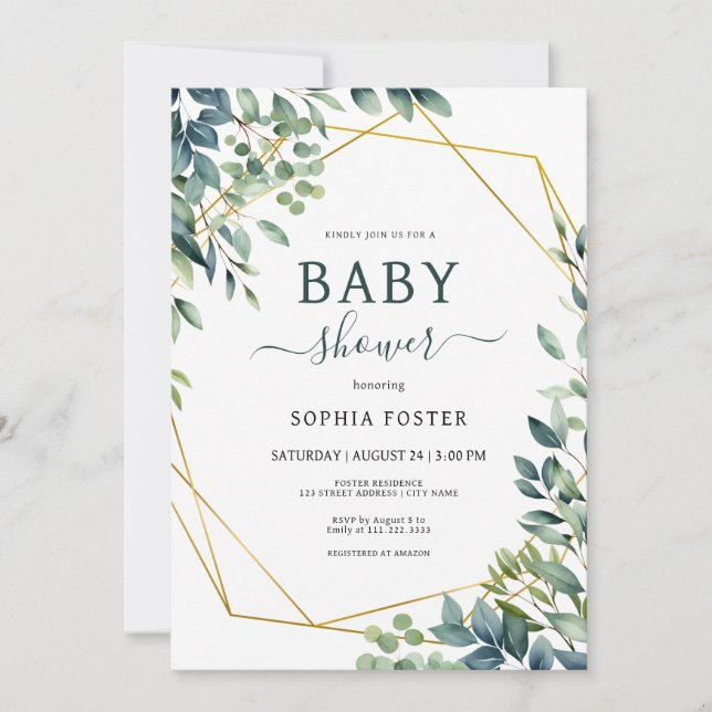 Invitation Elégant Baby shower feuille à l'eucalyptus (Devant)