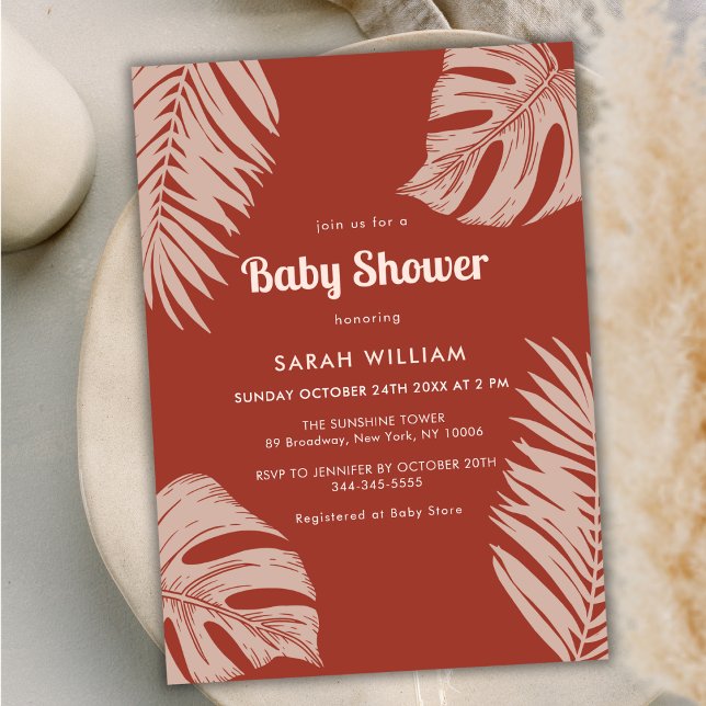 Invitation Élégant Baby shower Feuille en terre cuite Boho (Elegant Terracotta Boho Leaves Baby Shower Invitation)