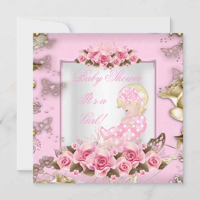 Invitation Élégant Baby shower fille rose Roses or Blonde 2 (Devant)