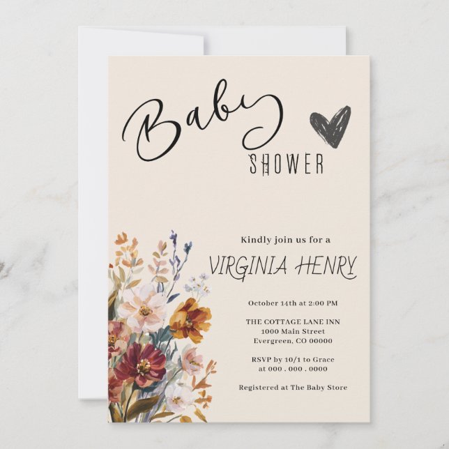 Invitation Elegant Baby shower Fleur sauvage Boho (Devant)