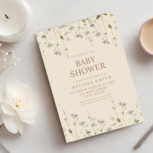 Invitation Élégant Baby shower Fleur sauvage botanique (Créateur téléchargé)