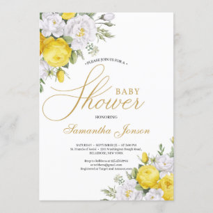 Invitation Élégant baby shower fleuri jaune et blanc