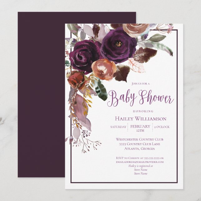 Invitation Élégant Baby shower fleuri pourpre et or Plum (Devant / Derrière)