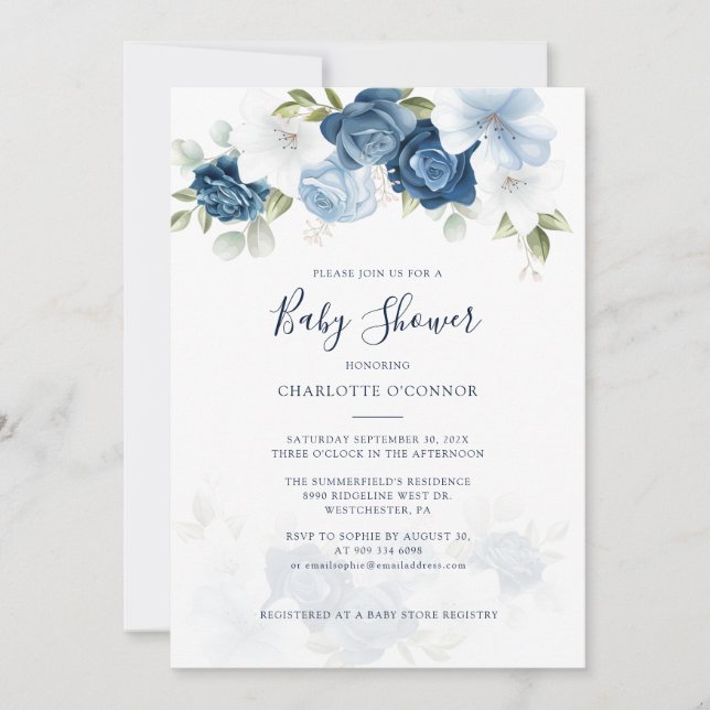 Invitation Elégant Baby shower Floral bleu Dusty (Devant)