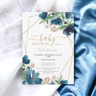 Invitation Elégant Baby shower floral bleu poussiéreux