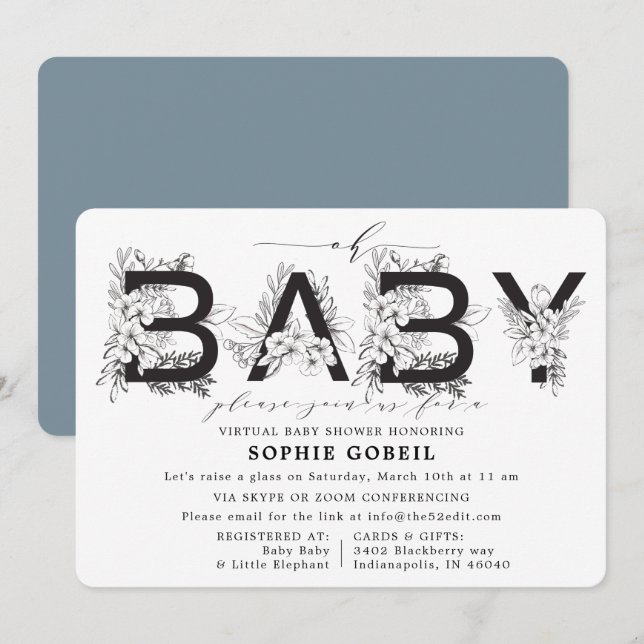 Invitation Élégant Baby shower Floral Bleu VIRTUTAL (Devant / Derrière)