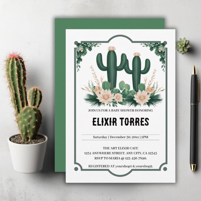 Invitation Elégant Baby shower Floral Boho Moderne Cactus (Créateur téléchargé)