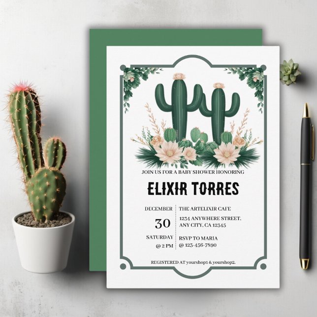 Invitation Elégant Baby shower Floral Boho Moderne Cactus (Créateur téléchargé)
