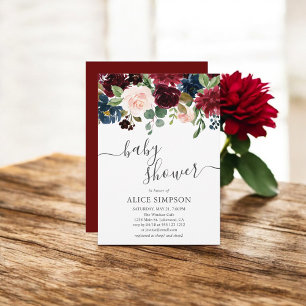 Invitation Elégant Baby shower Floral Bourgogne Et Bleu