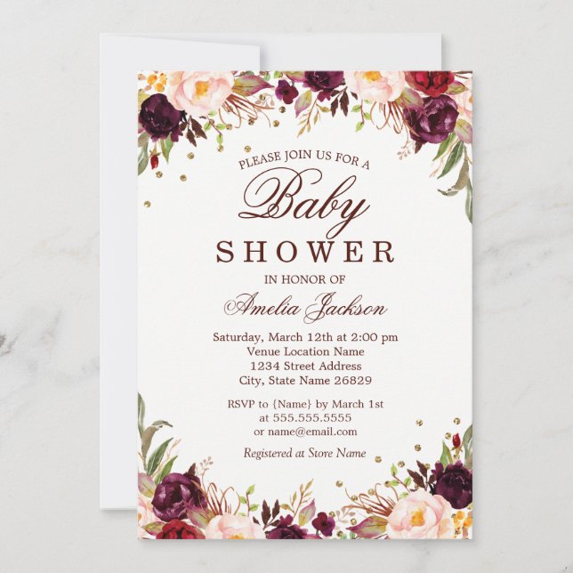 Invitation Elégant Baby shower Floral Bourgogne Or (Devant)