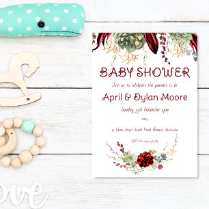 Invitation Elégant Baby shower Floral Bourgogne pour couples