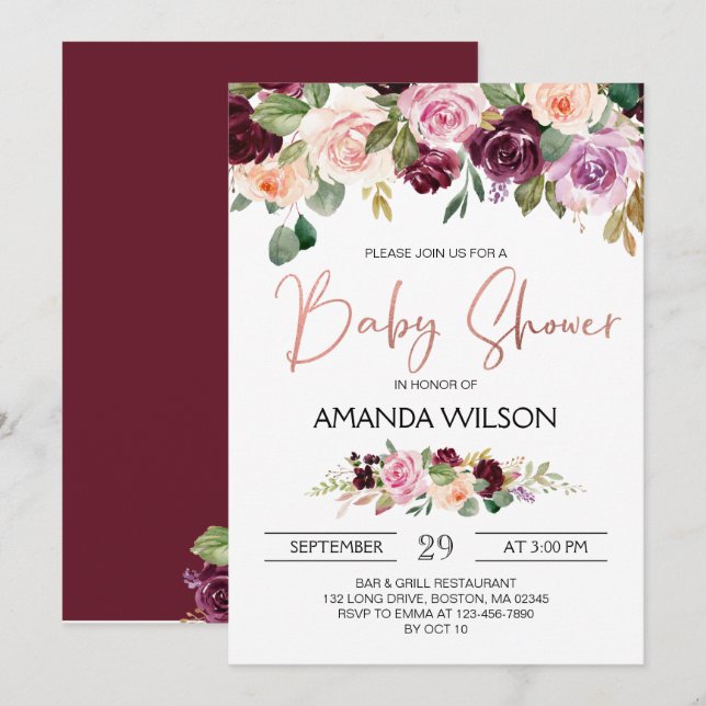 Invitation Elégant Baby shower floral d'aquarelle Bourgogne (Devant / Derrière)