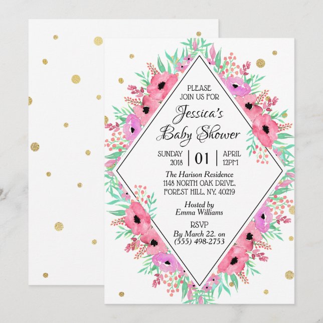 Invitation Elégant Baby shower floral d'aquarelle de printemp (Devant / Derrière)