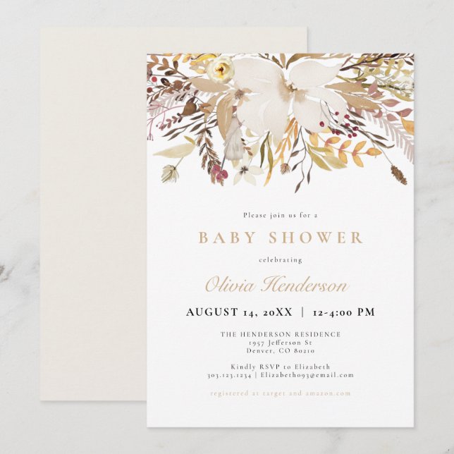 Invitation Élégant Baby shower floral de la chute bohème (Devant / Derrière)