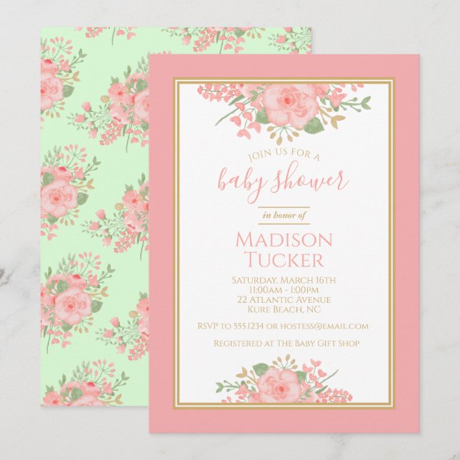 Invitation Élégant Baby shower floral de la Monnaie d'or rose (Devant / Derrière)