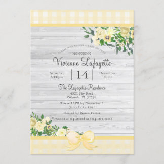 Invitation Élégant Baby shower floral En vichy jaune