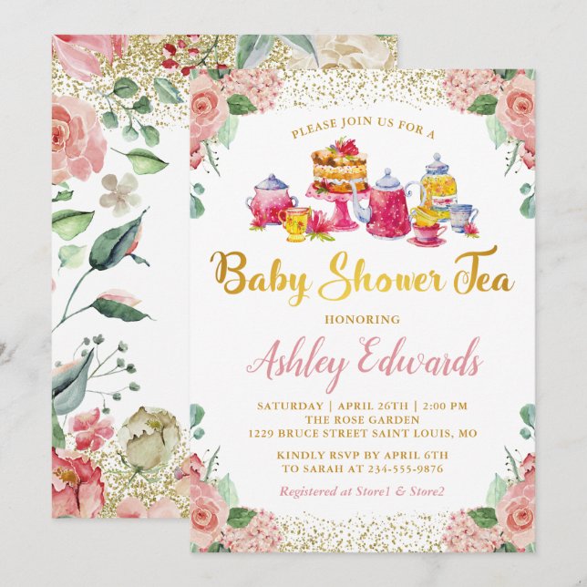 Invitation Elégant Baby shower Floral Garden Tea Party (Devant / Derrière)