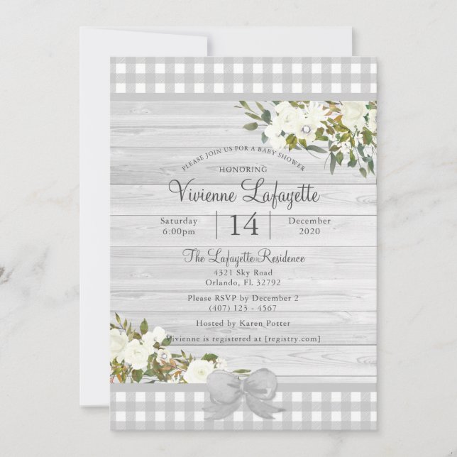 Invitation Élégant Baby shower floral gris En vichy (Devant)