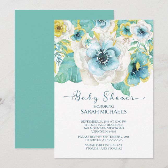 Invitation Elégant Baby shower Floral Mint & Gold (Devant / Derrière)