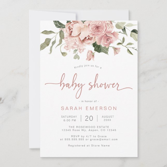 Invitation Élégant Baby shower Floral rose (Devant)