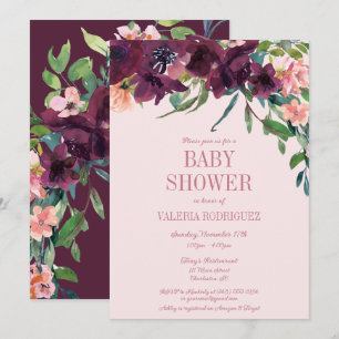 Invitation Élégant Baby shower floral rose rose bordeaux