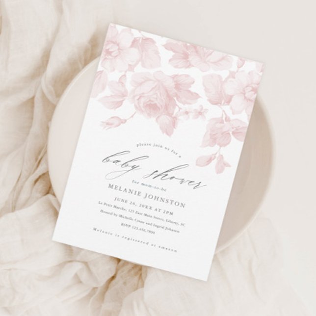 Invitation Élégant Baby shower Floral Script rose (Créateur téléchargé)