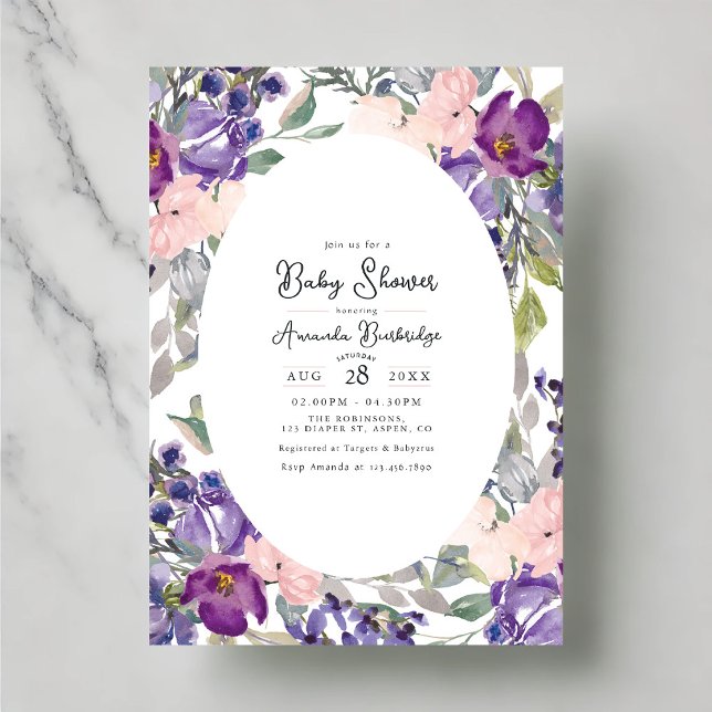 Invitation Élégant Baby shower floral violet et rose (Elegant Purple and Pink Floral Baby Shower Invitation)
