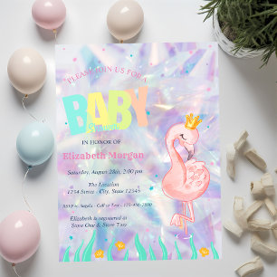 Invitation Élégant Baby shower holographique Flamant rose