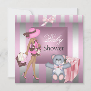 Invitation Elégant Baby shower Joli rose Silver Stripe Cadeau