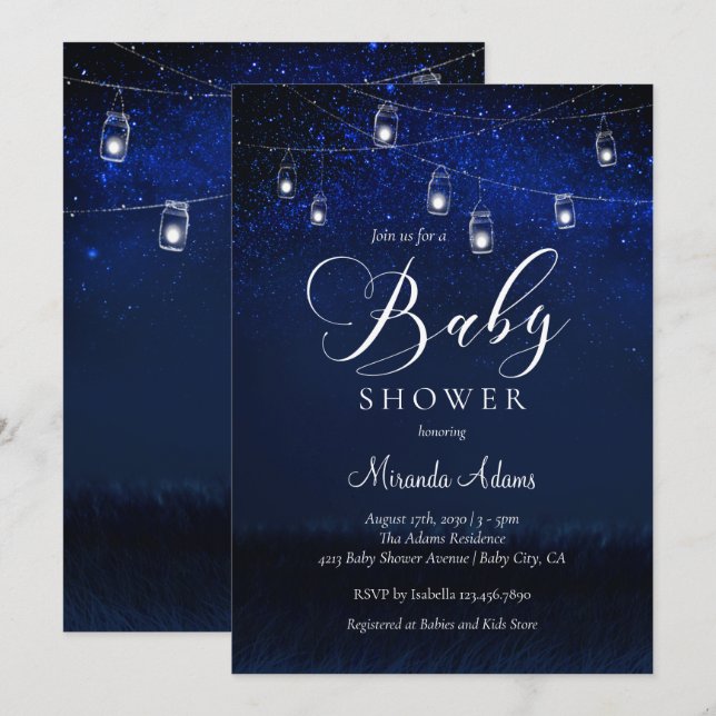 Invitation Elégant Baby shower Mason Jar de nuit bleu étoile (Devant / Derrière)