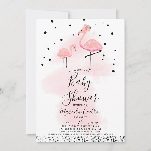Invitation Élégant Baby shower moderne de Flamant rose noir e (Devant)