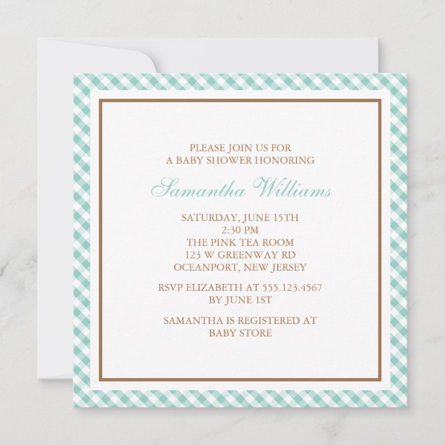 Invitation Élégant Baby shower Motif Mint En vichy (Devant)
