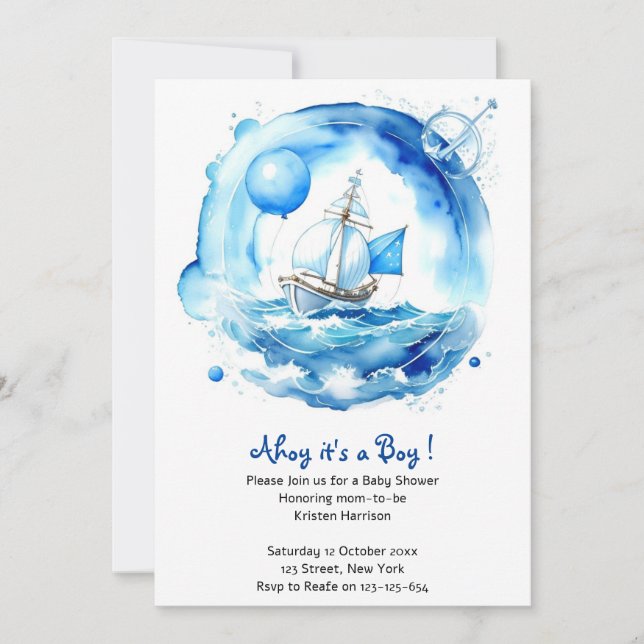 Invitation Elégant Baby shower Nautique Aquarelle Garçon (Devant)