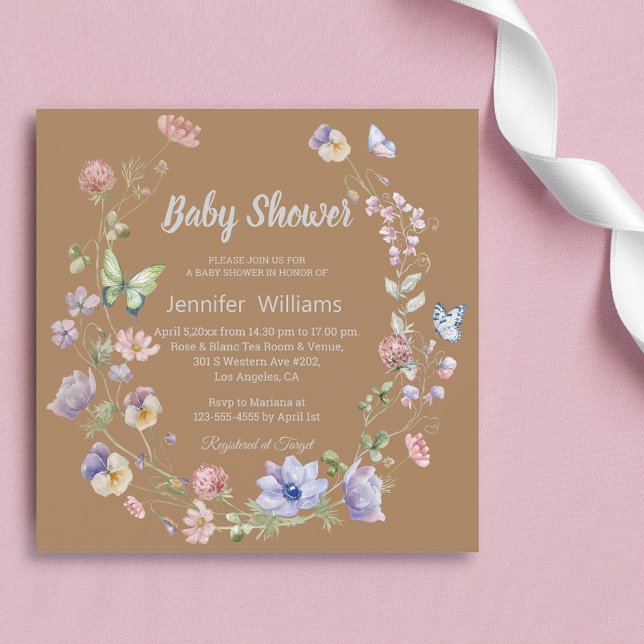 Invitation élégant baby shower neutre brun fleur sauvage (Créateur téléchargé)