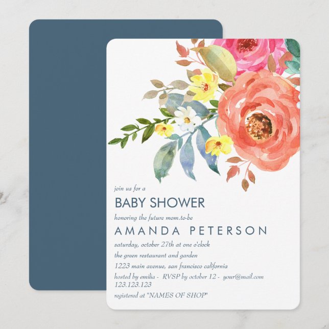 Invitation Elégant Baby shower Peach rose et blue Peonies (Devant / Derrière)