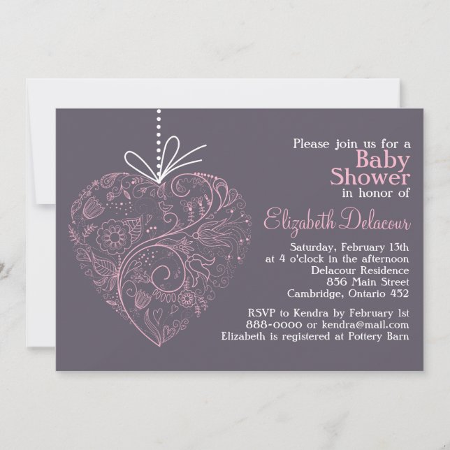 Invitation Élégant Baby shower pourpre de l'ornement cardiaqu (Devant)