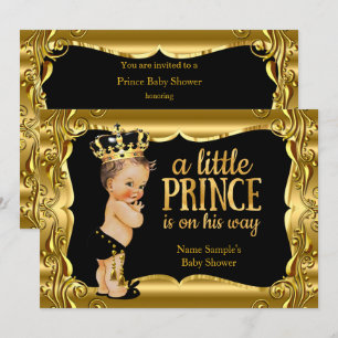 Invitation Elégant Baby shower Prince Noir Gold Brunette