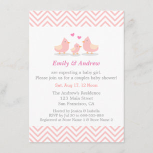 Invitation Elégant Baby shower rose Chevron Cute Bird