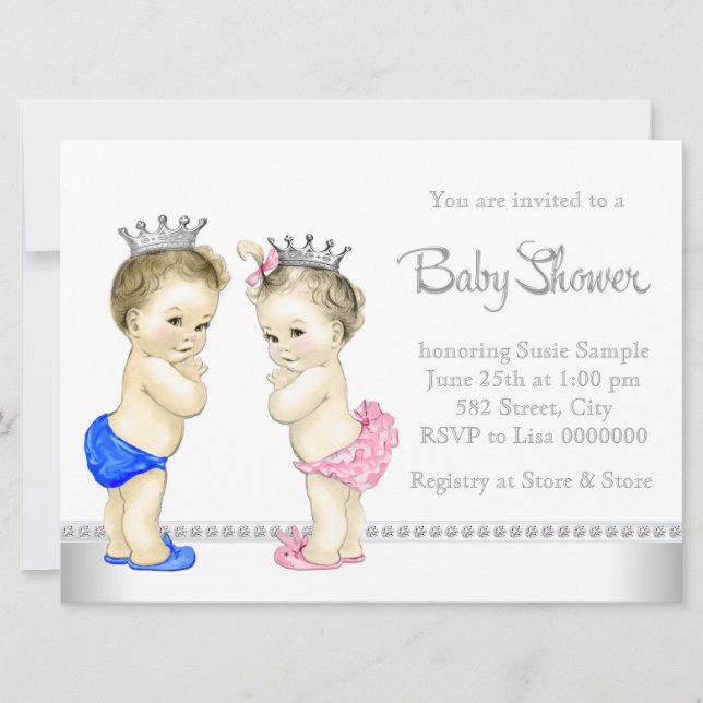 Invitation Elégant Baby shower rose et bleu Twin (Devant)
