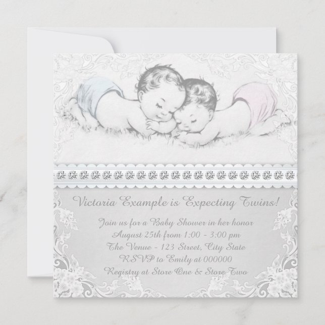 Invitation Elégant Baby shower rose et bleu Twin (Devant)