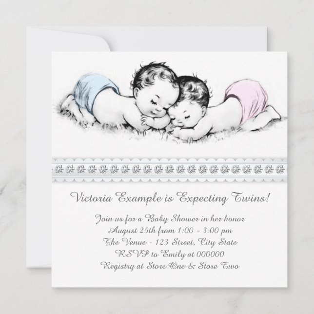 Invitation Elégant Baby shower rose et bleu Twin (Devant)