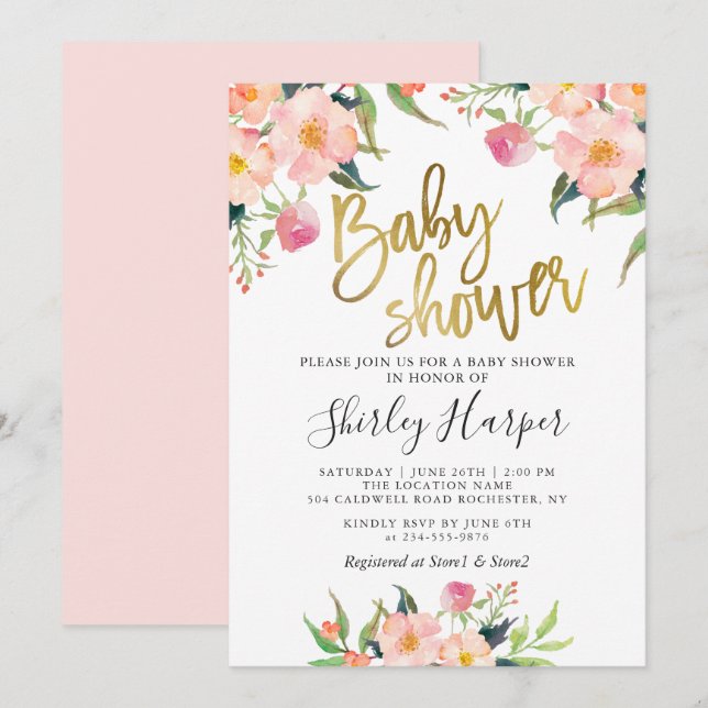 Invitation Élégant Baby shower rose Floral Gold Script (Devant / Derrière)