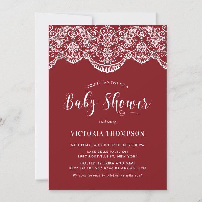 Invitation Élégant Baby shower rouge brocart floral (Devant)
