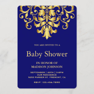 Invitation Élégant Baby shower Royal Blue Gold Damask