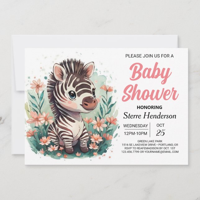 Invitation Elégant Baby shower Safari rose Zèbre (Devant)