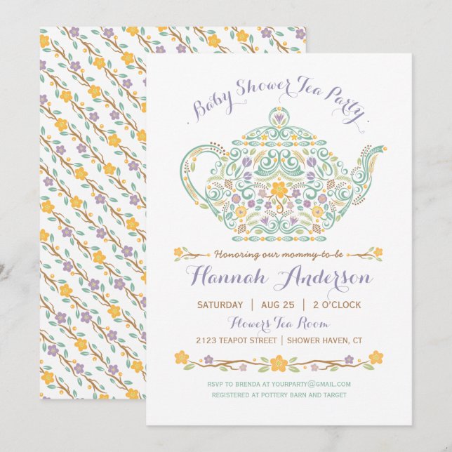 Invitation Elégant Baby shower Tea Party - Teapot (Devant / Derrière)